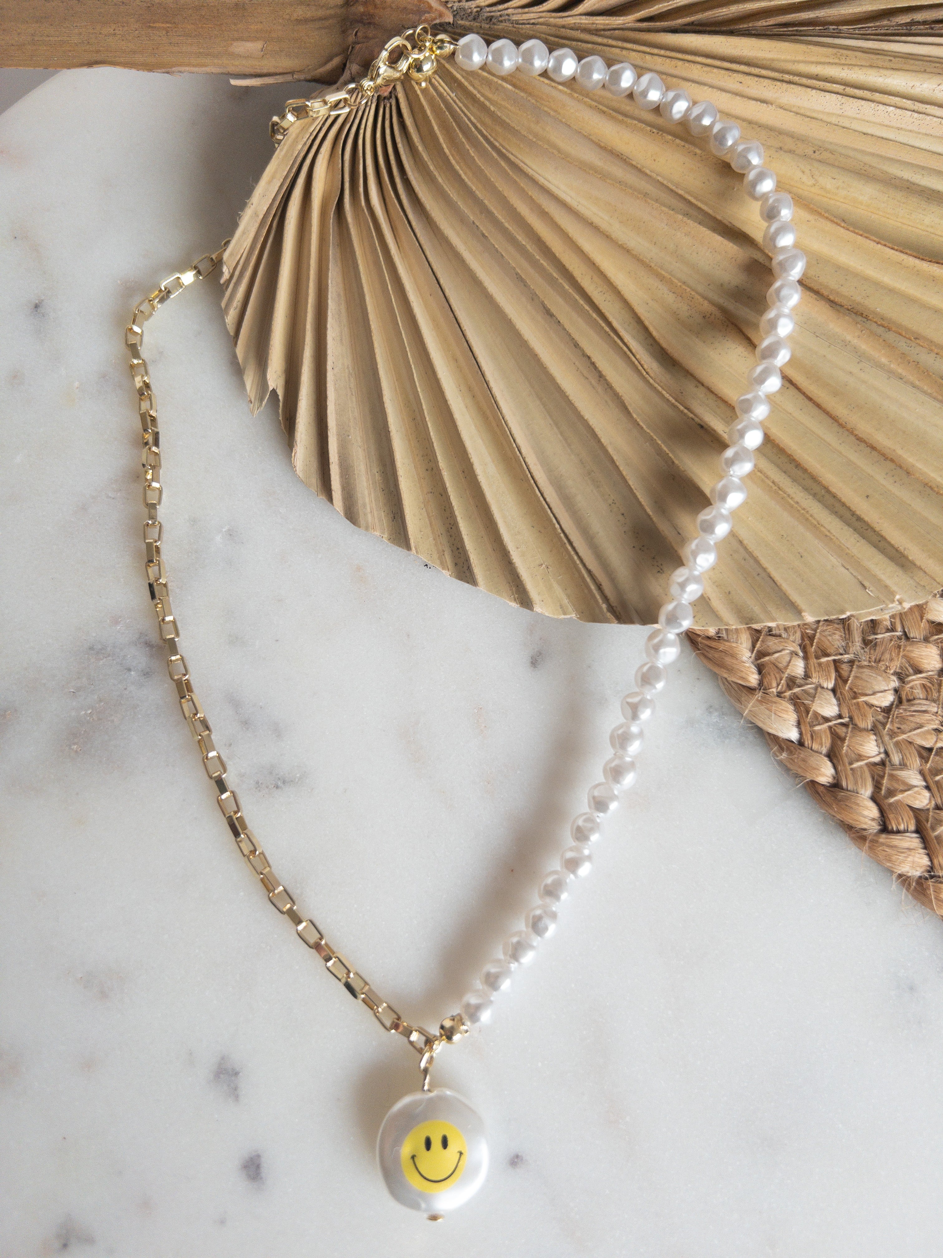 Smiley Pendant - Gold & Pearl Necklace