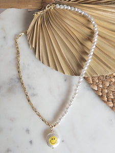 Smiley Pendant - Gold & Pearl Necklace