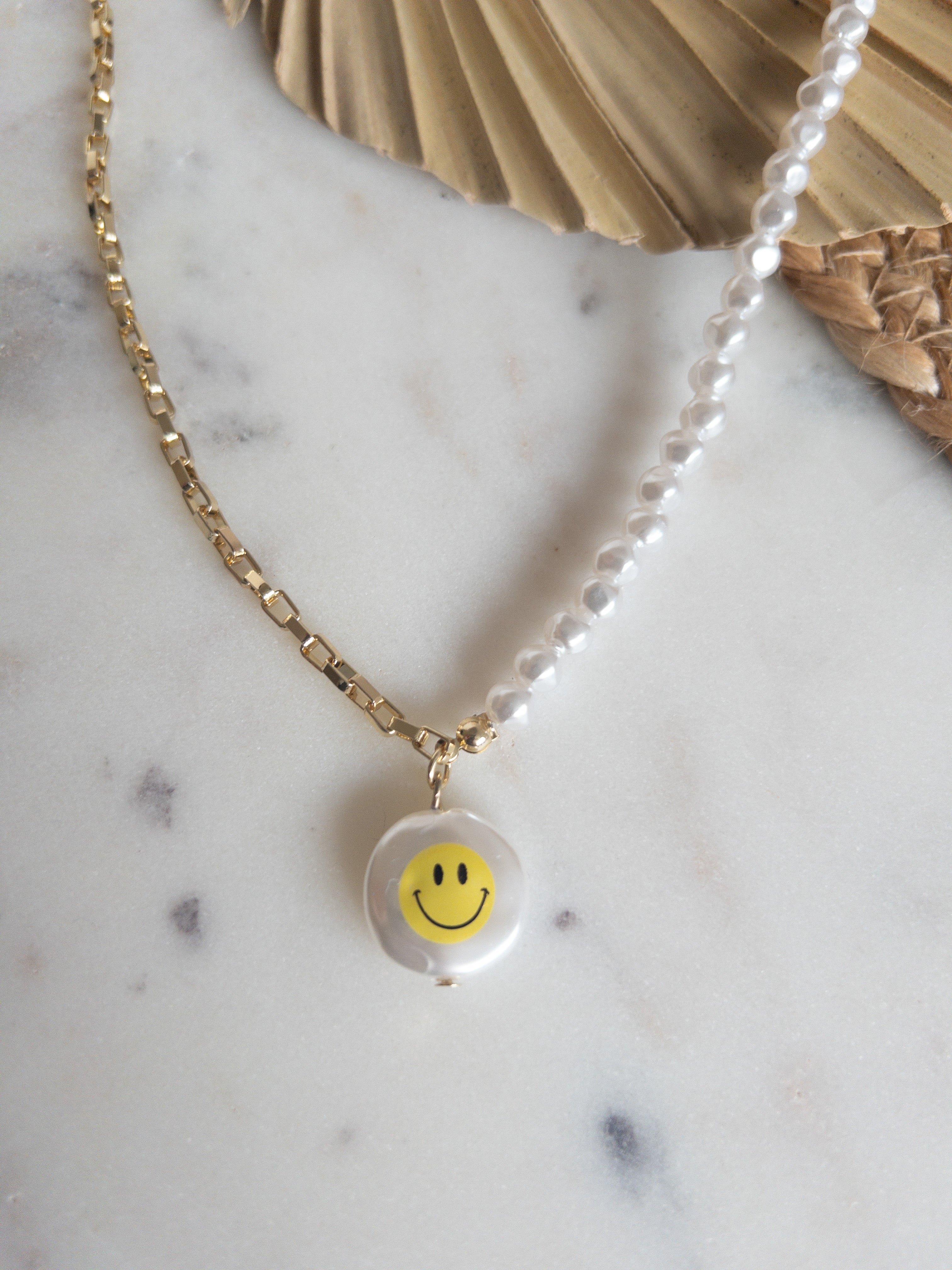 Smiley Pendant - Gold & Pearl Necklace