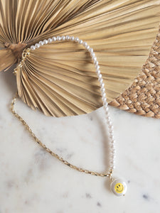 Smiley Pendant - Gold & Pearl Necklace